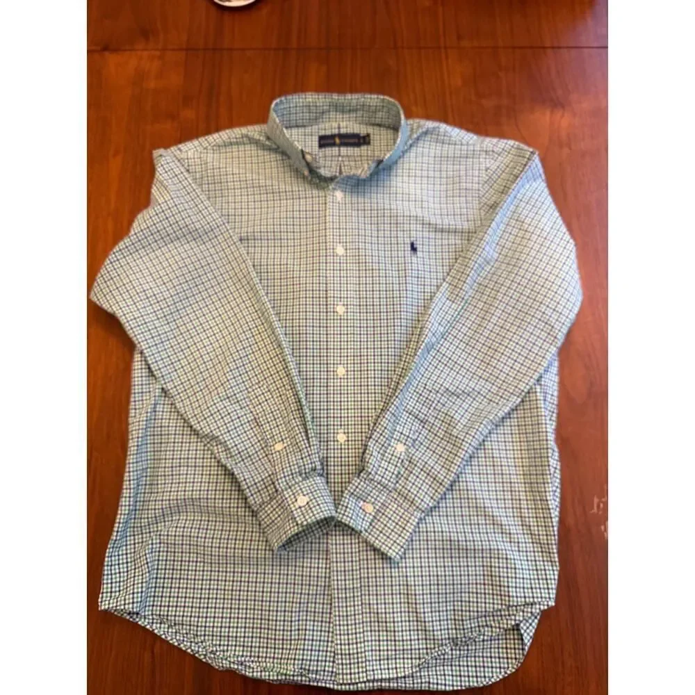 Polo Ralph Lauren Men's Green and Blue Plaid Button Down Shirt - Size Large